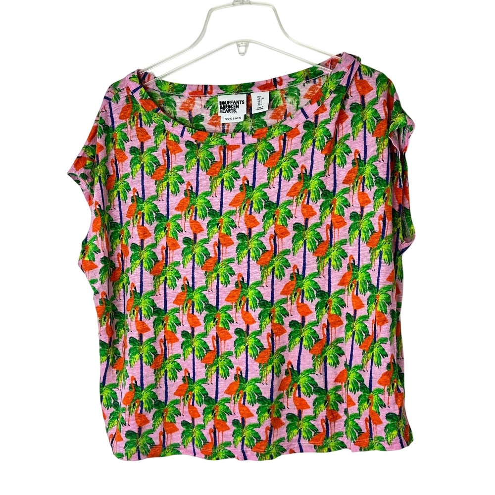Bouffants & Broken Hearts‎ Flamingo Palm Tree Linen Shirt Top Pink L